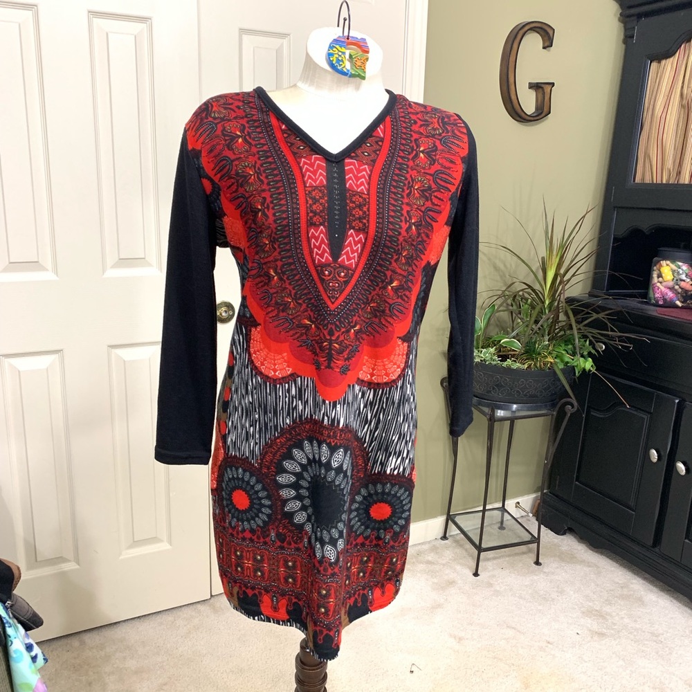 Highness Red/Black Graphic Print Knit Dress S/M
